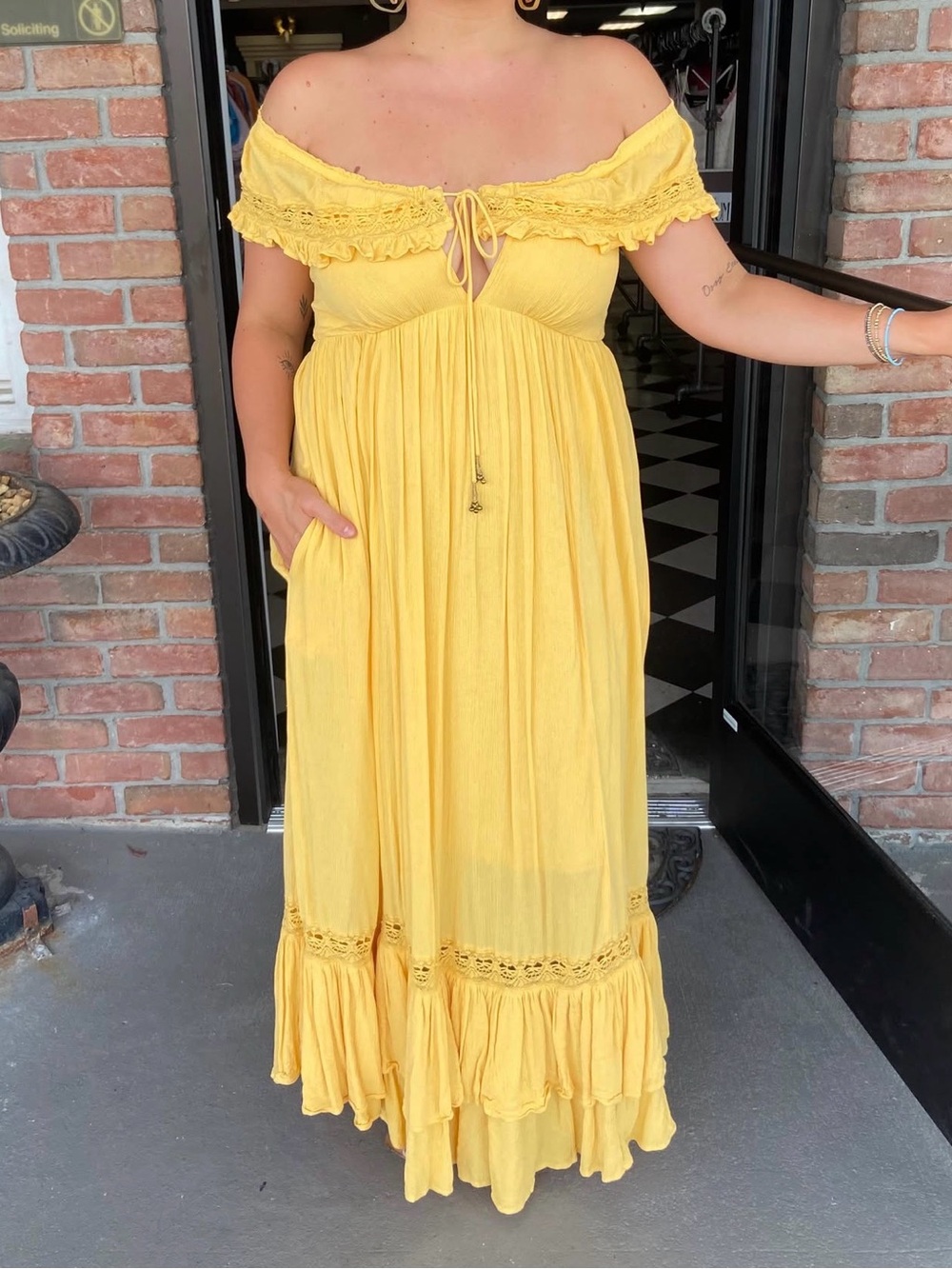 Free People Yellow Off-Shoulder Maxi Dress with Ruffle Trim